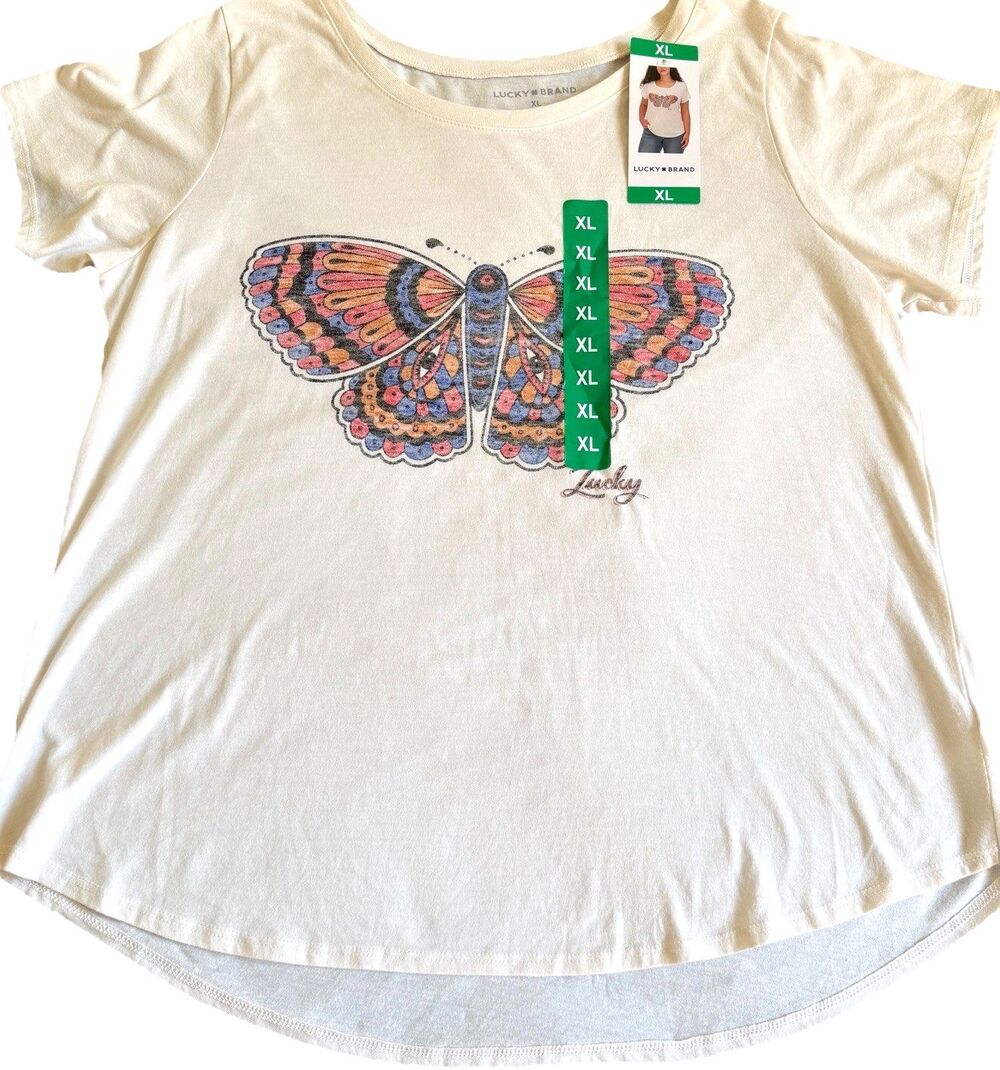 Lucky Brand Women's Butterfly Graphic T-Shirt Marshmallow Size XL NWT 1859437